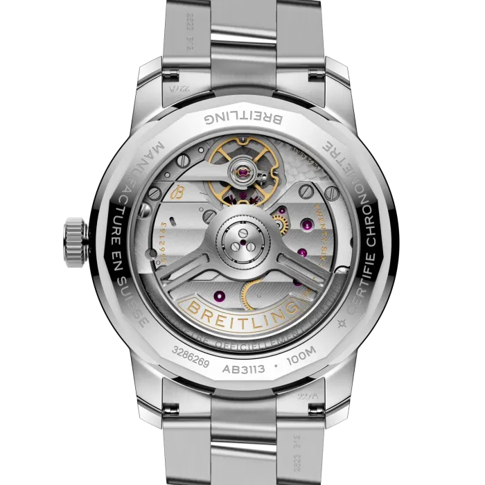 Blick durch den Glasboden auf das Werk der BREITLING Top Time B31, AB3113281A1A1