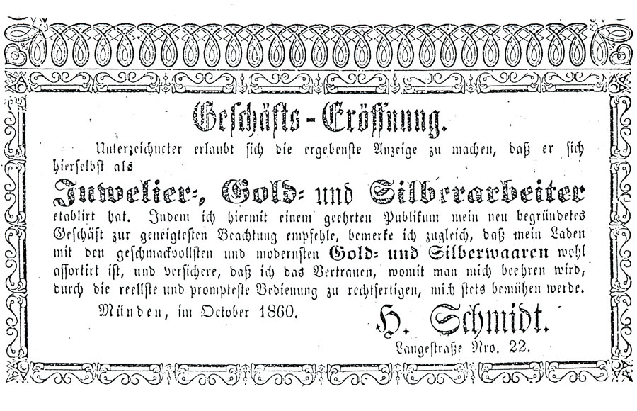 Juwelier Hermann Schmidt, Kassel - Anzeige zur Eröffnung 1860