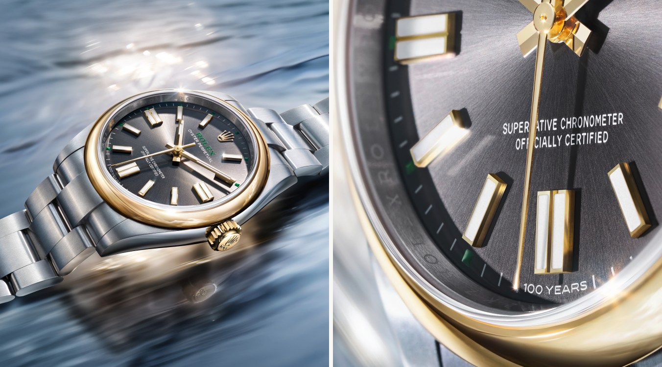 Oyster Perpetual ist in Edelstahl Oystersteel oder 18 Karat Gold erhältlich
