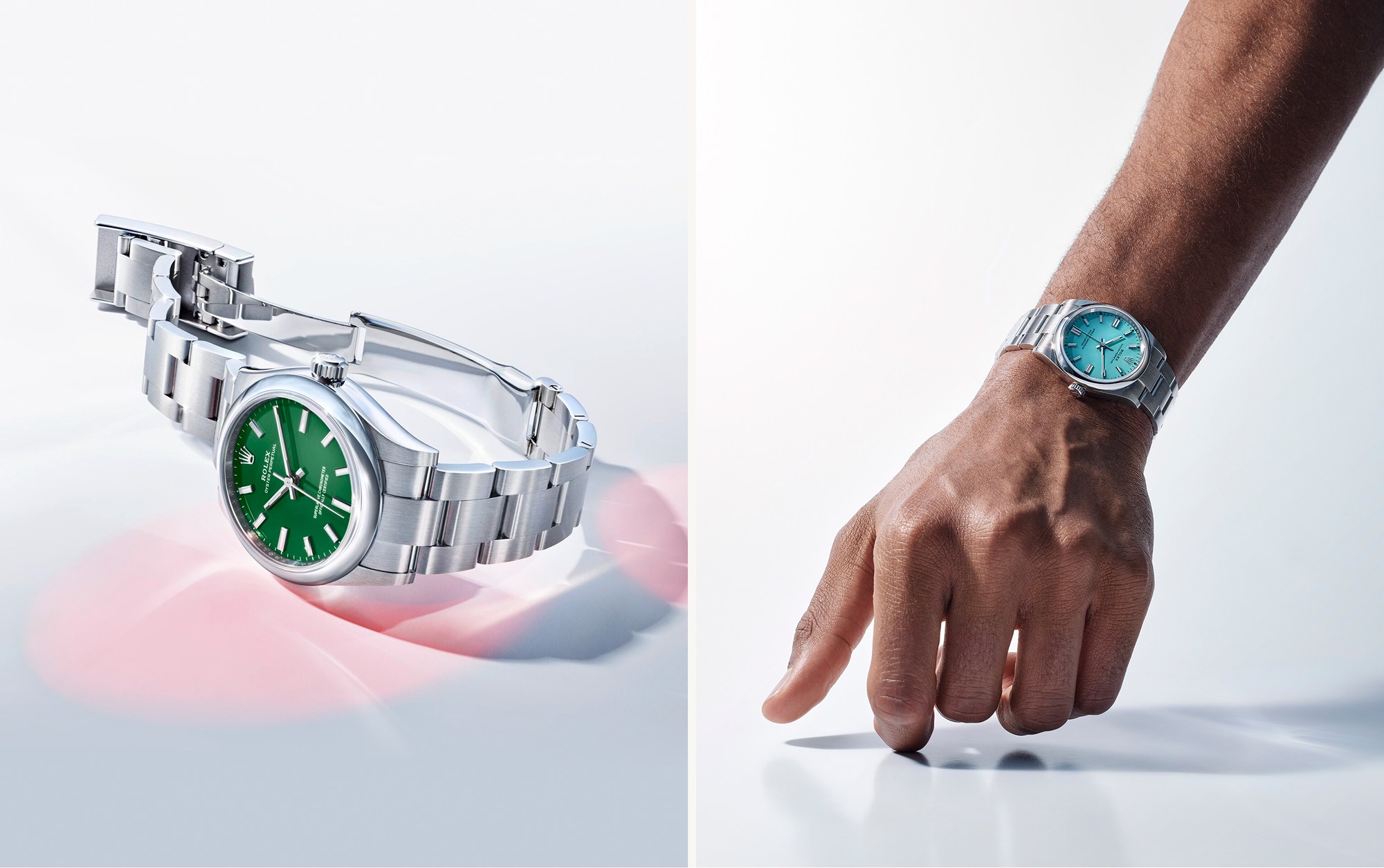 Rolex Oyster Perpetual am Handgelenk und liegend mit grünem Ziffernblatt