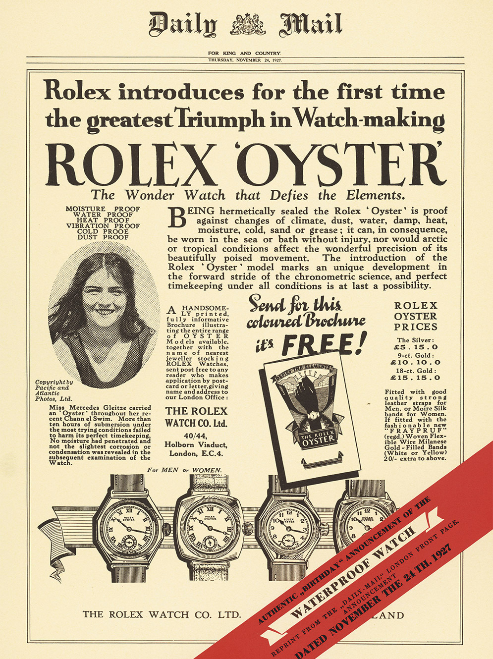 Historische Werbeanzeige der Daily Mail von 1927 zur Einführung der wasserdichten Rolex Oyster.