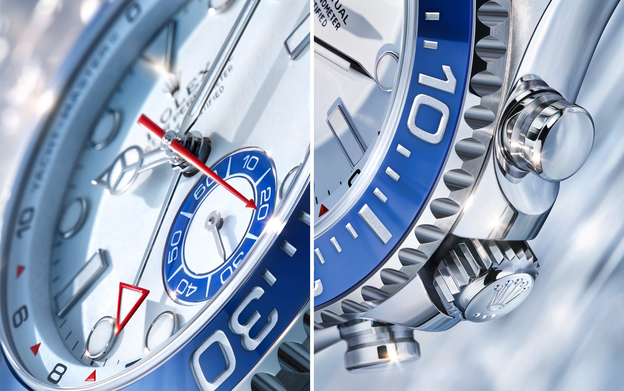 Zifferblatt-Detail und sowie Drücker und Krone der Rolex Yacht-Master II