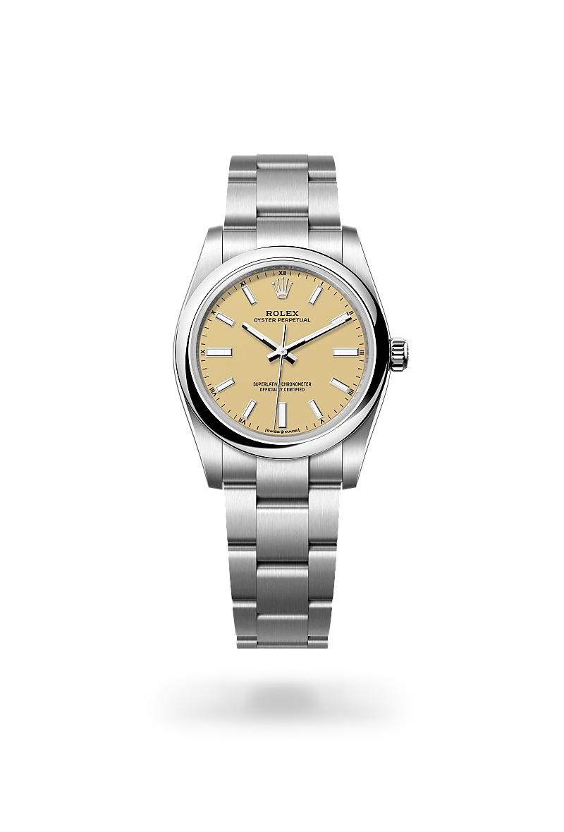 Rolex Oyster Perpetual 34, Kratzfestes Saphirglas, Oyster-Band (dreireihig), massive Elemente