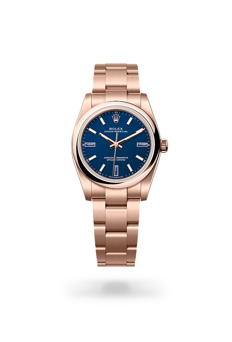 Rolex Oyster Perpetual 34, Kratzfestes Saphirglas, Oyster-Band (dreireihig), massive Elemente