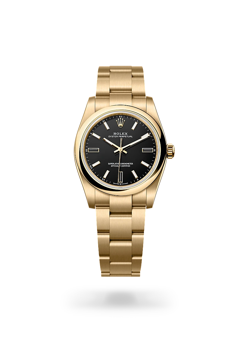 Rolex Oyster Perpetual 34, Kratzfestes Saphirglas, Oyster-Band (dreireihig), massive Elemente
