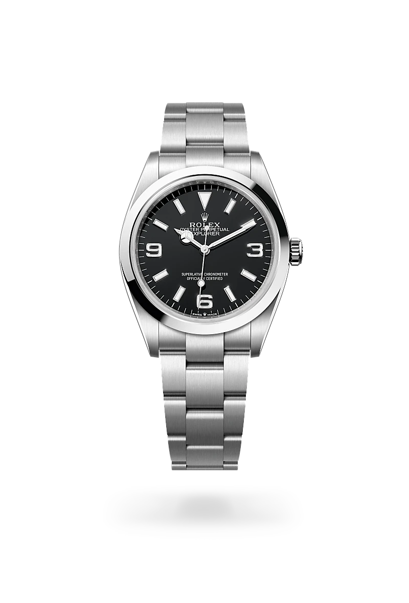 Rolex Explorer 36, Kratzfestes Saphirglas, Oyster-Band (dreireihig), massive Elemente