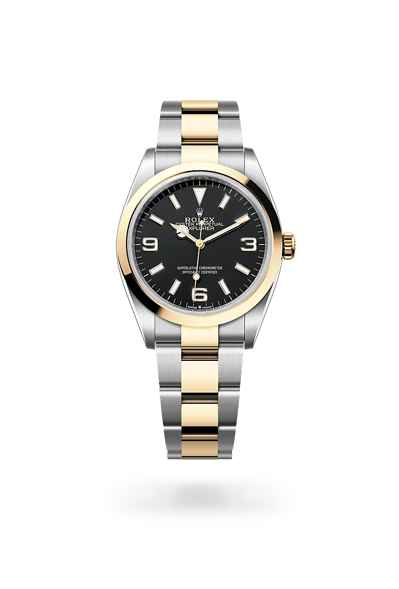 Rolex Explorer 36, Kratzfestes Saphirglas, Oyster-Band (dreireihig), massive Elemente
