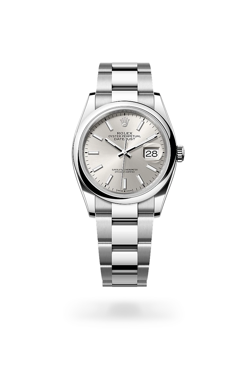 Rolex Datejust 36, Kratzfestes Saphirglas, Zykloplupe zur Vergrößerung des Datums, Oyster-Band (dreireihig), massive Elemente