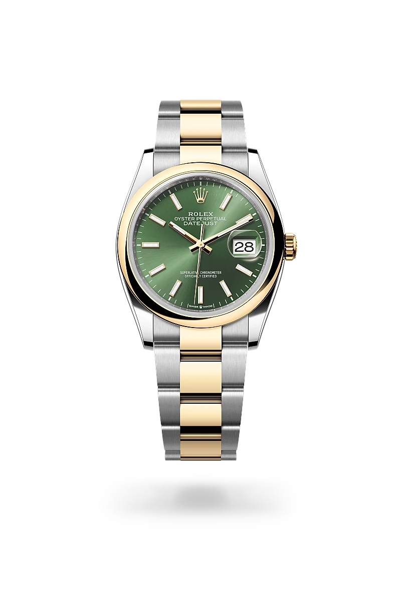 Rolex Datejust 36, Kratzfestes Saphirglas, Zykloplupe zur Vergrößerung des Datums, Oyster-Band (dreireihig), massive Elemente