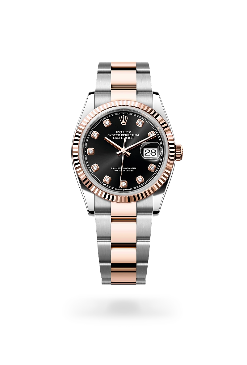 Rolex Datejust 36, Kratzfestes Saphirglas, Zykloplupe zur Vergrößerung des Datums, Oyster-Band (dreireihig), massive Elemente