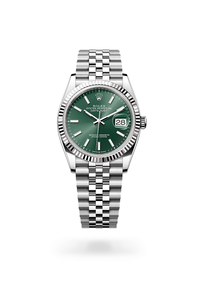 Rolex Datejust 36, Kratzfestes Saphirglas, Zykloplupe zur Vergrößerung des Datums, Jubilee, fünfreihig