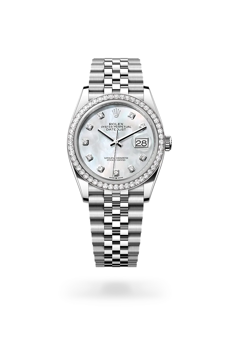 Rolex Datejust 36, Kratzfestes Saphirglas, Zykloplupe zur Vergrößerung des Datums, Jubilee, fünfreihig