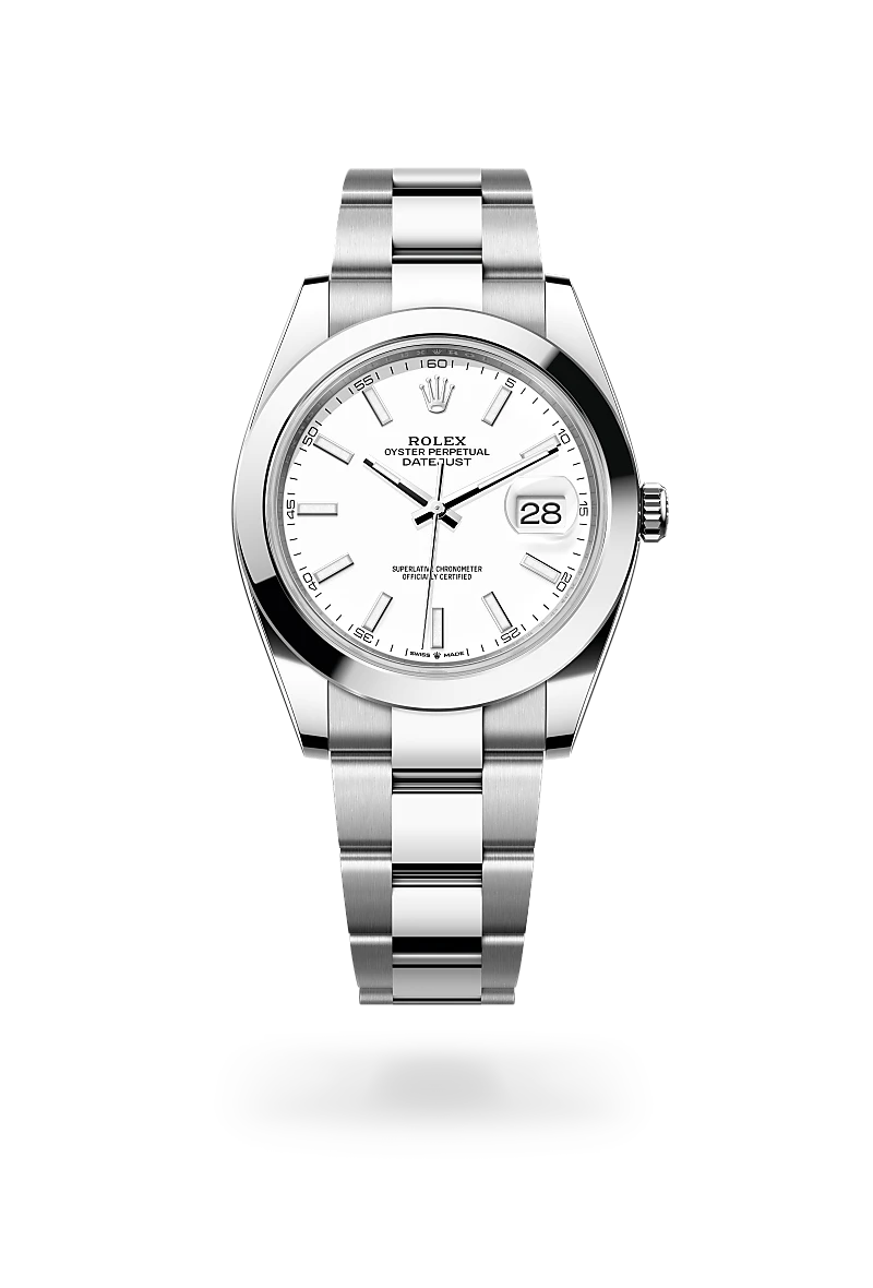 Rolex Datejust 41, Kratzfestes Saphirglas, Zykloplupe zur Vergrößerung des Datums, Oyster-Band (dreireihig), massive Elemente