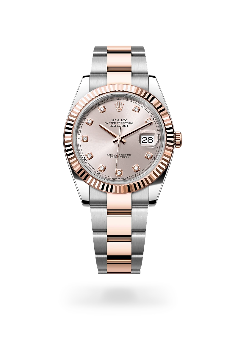 Rolex Datejust 41, Kratzfestes Saphirglas, Zykloplupe zur Vergrößerung des Datums, Oyster-Band (dreireihig), massive Elemente