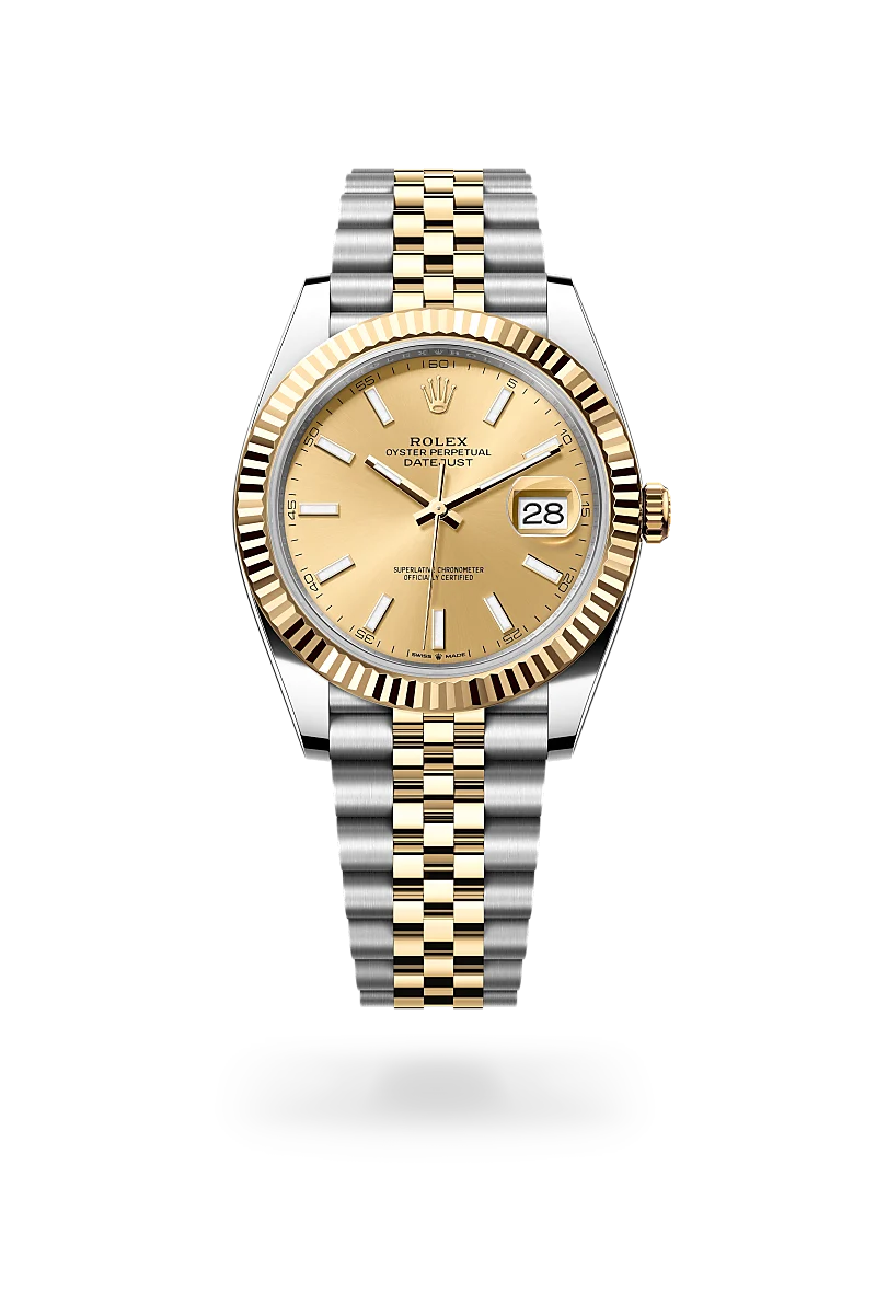 Rolex Datejust 41, Kratzfestes Saphirglas, Zykloplupe zur Vergrößerung des Datums, Jubilee, fünfreihig