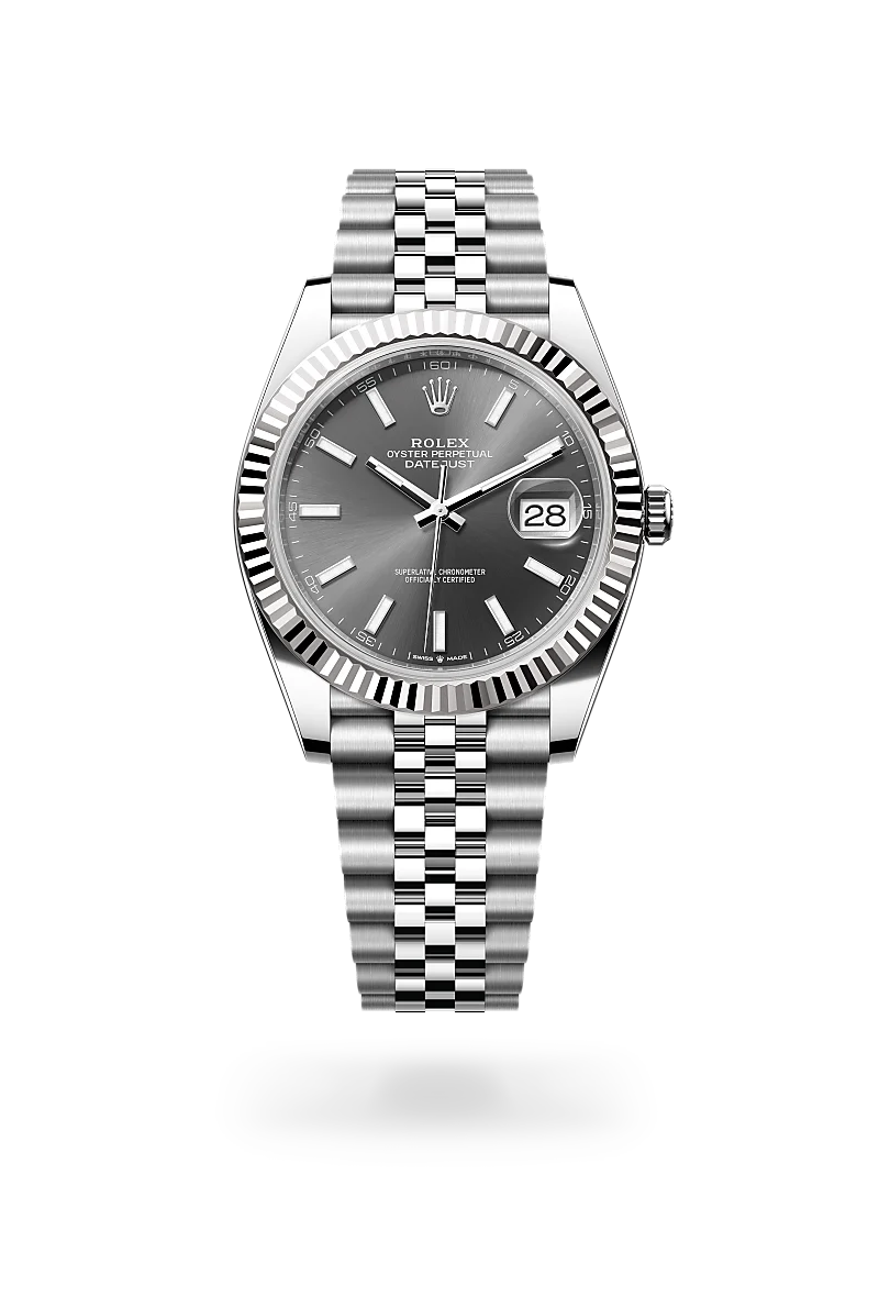 Rolex Datejust 41, Kratzfestes Saphirglas, Zykloplupe zur Vergrößerung des Datums, Jubilee, fünfreihig