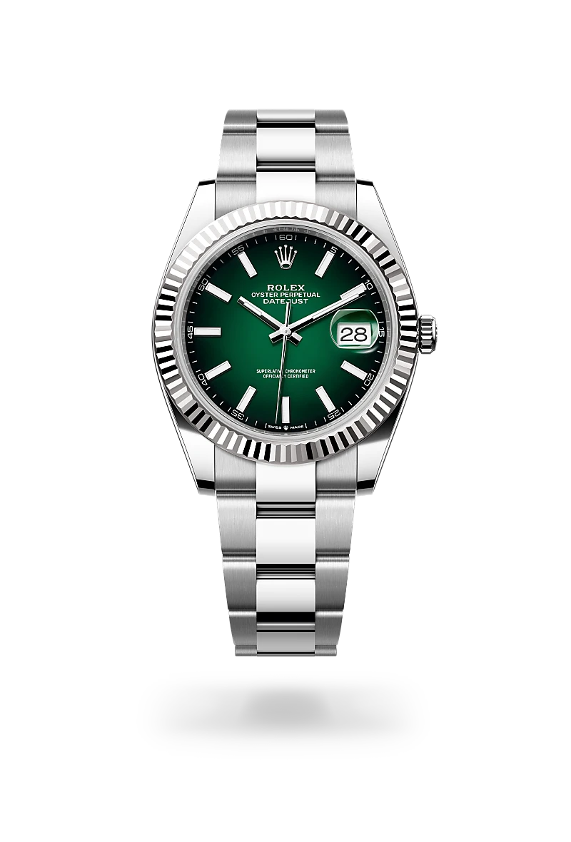 Rolex Datejust 41, Kratzfestes Saphirglas, Zykloplupe zur Vergrößerung des Datums, Oyster-Band (dreireihig), massive Elemente