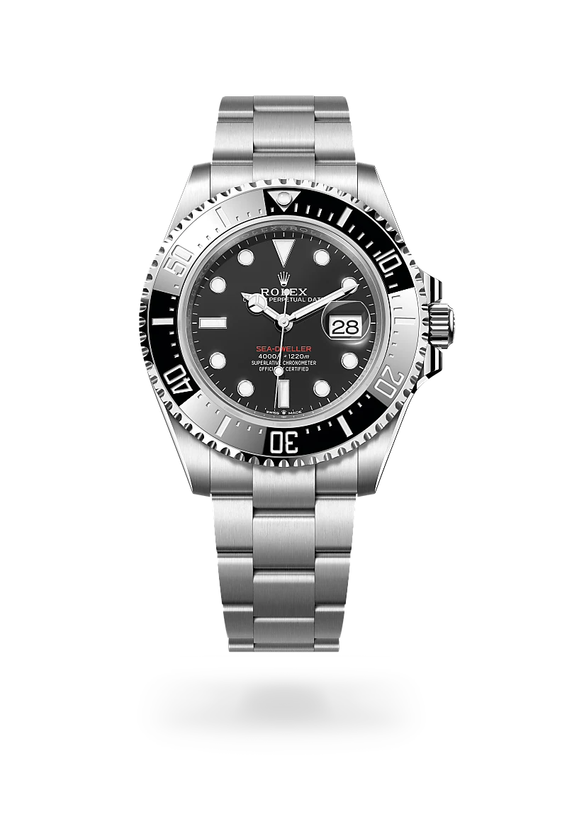 Rolex Sea-Dweller, Kratzfestes Saphirglas, Zykloplupe zur Vergrößerung des Datums, Oyster-Band (dreireihig), massive Elemente