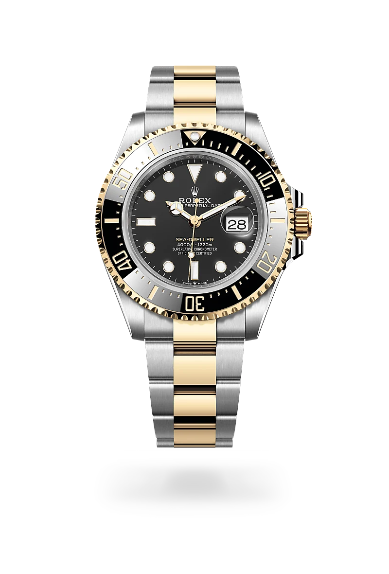 Rolex Sea-Dweller, Kratzfestes Saphirglas, Zykloplupe zur Vergrößerung des Datums, Oyster-Band (dreireihig), massive Elemente