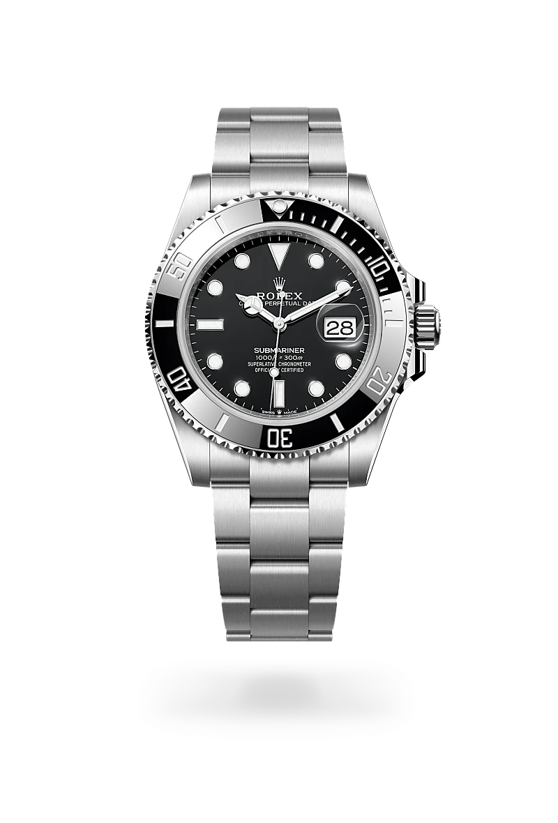 Rolex Submariner Date, Kratzfestes Saphirglas, Zykloplupe zur Vergrößerung des Datums, Oyster-Band (dreireihig), massive Elemente