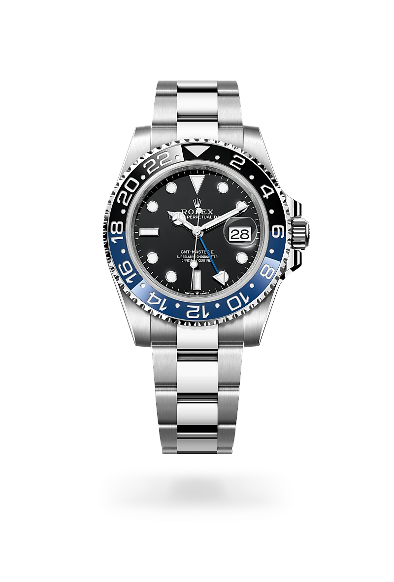 Rolex GMT-Master II, Kratzfestes Saphirglas, Zykloplupe zur Vergrößerung des Datums, Oyster-Band (dreireihig), massive Elemente