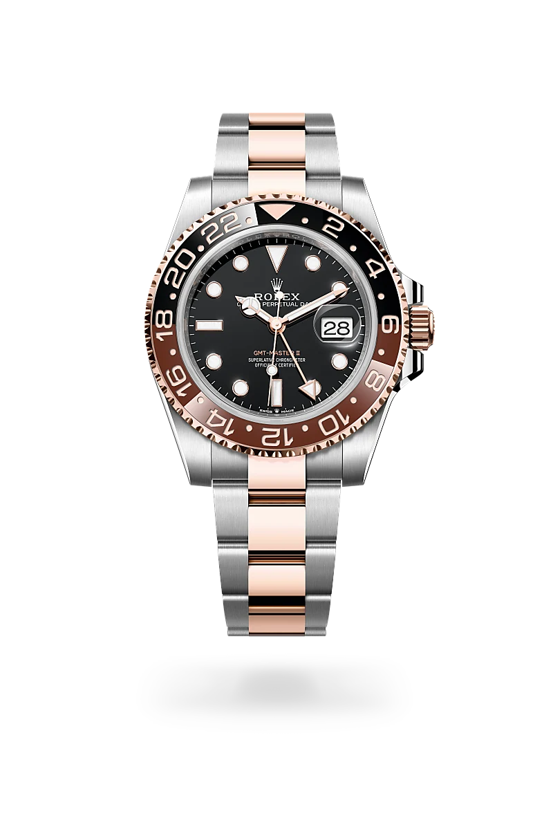 Rolex GMT-Master II, Kratzfestes Saphirglas, Zykloplupe zur Vergrößerung des Datums, Oyster-Band (dreireihig), massive Elemente