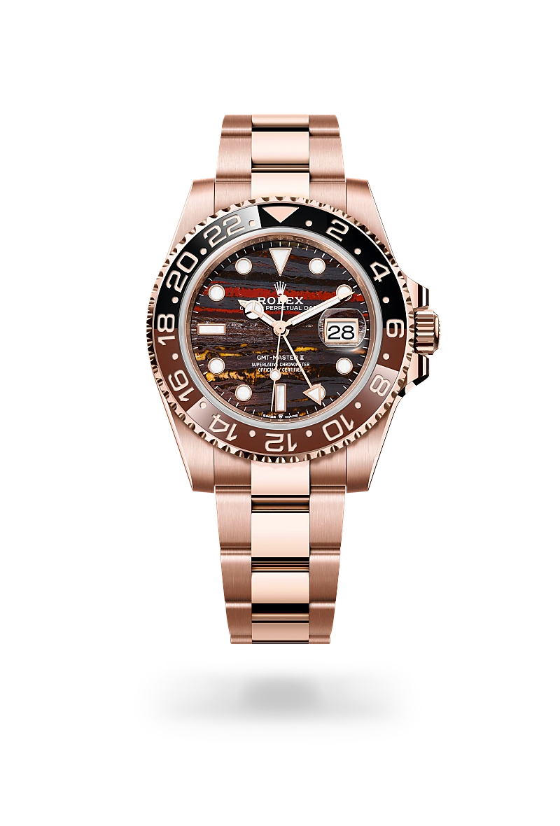 Rolex GMT-Master II, Kratzfestes Saphirglas, Zykloplupe zur Vergrößerung des Datums, Oyster-Band (dreireihig), massive Elemente