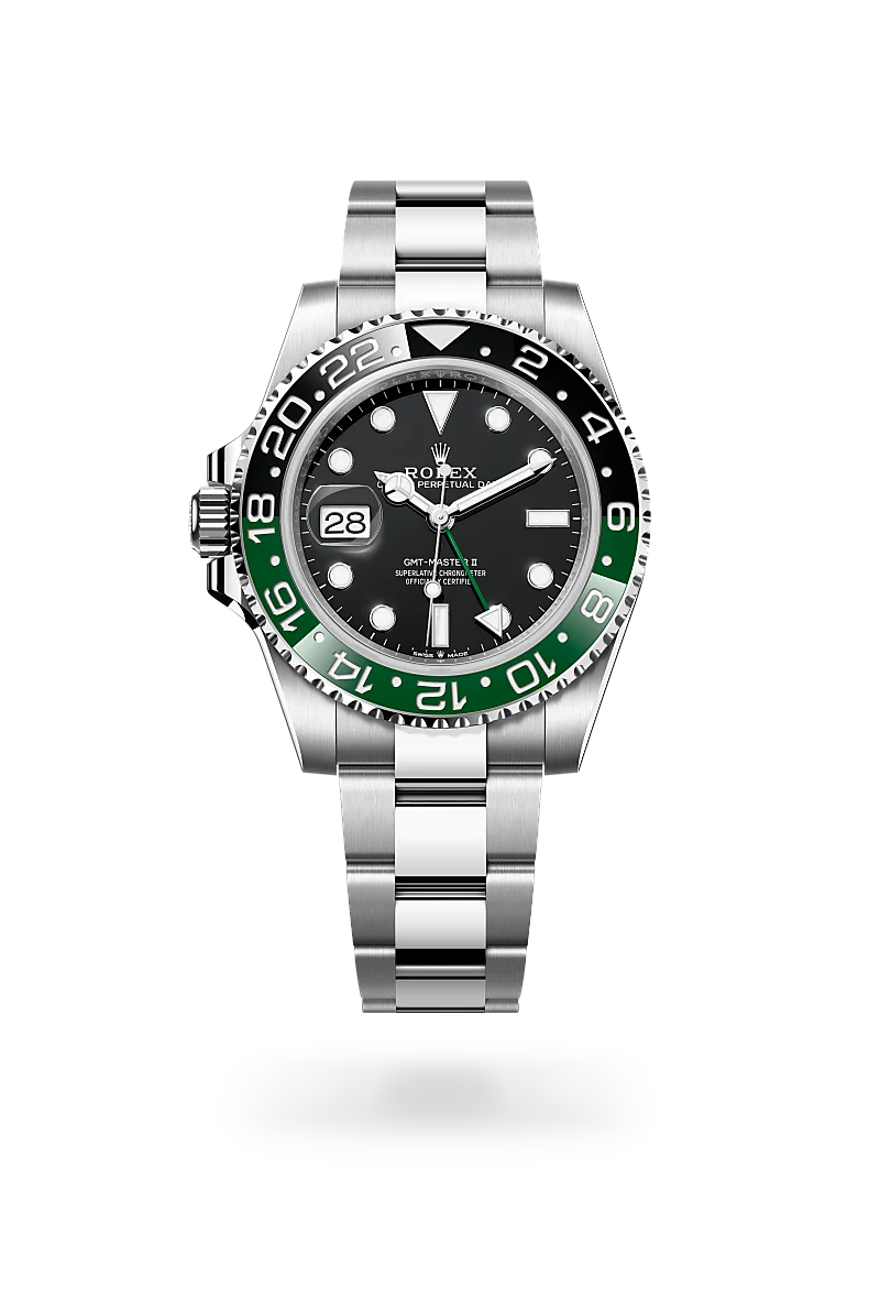 Rolex GMT-Master II, Kratzfestes Saphirglas, Zykloplupe zur Vergrößerung des Datums, Oyster-Band (dreireihig), massive Elemente