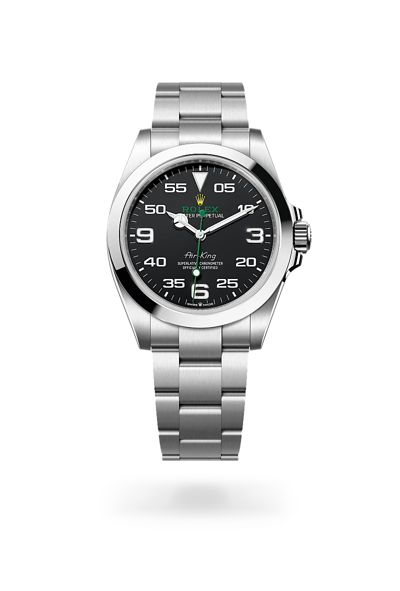 Rolex Air-King, Kratzfestes Saphirglas, Oyster-Band (dreireihig), massive Elemente