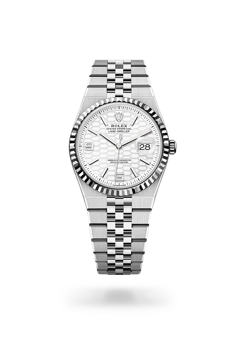 Rolex Land-Dweller 36, Kratzfestes Saphirglas, Zykloplupe zur Vergrößerung des Datums, Flat Jubilee-Band (fünfreihig), massive Elemente