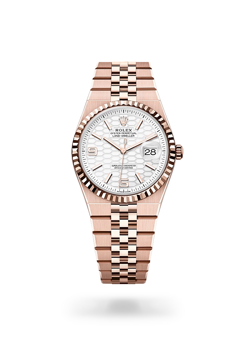 Rolex Land-Dweller 36, Kratzfestes Saphirglas, Zykloplupe zur Vergrößerung des Datums, Flat Jubilee-Band (fünfreihig), massive Elemente