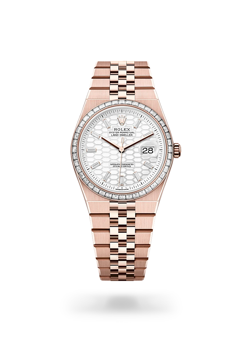 Rolex Land-Dweller 36, Kratzfestes Saphirglas, Zykloplupe zur Vergrößerung des Datums, Flat Jubilee-Band (fünfreihig), massive Elemente