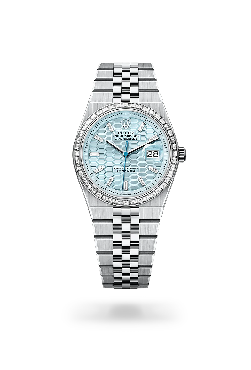 Rolex Land-Dweller 36, Kratzfestes Saphirglas, Zykloplupe zur Vergrößerung des Datums, Flat Jubilee-Band (fünfreihig), massive Elemente