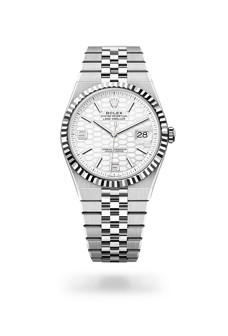 Rolex Land-Dweller 40, Kratzfestes Saphirglas, Zykloplupe zur Vergrößerung des Datums, Flat Jubilee-Band (fünfreihig), massive Elemente