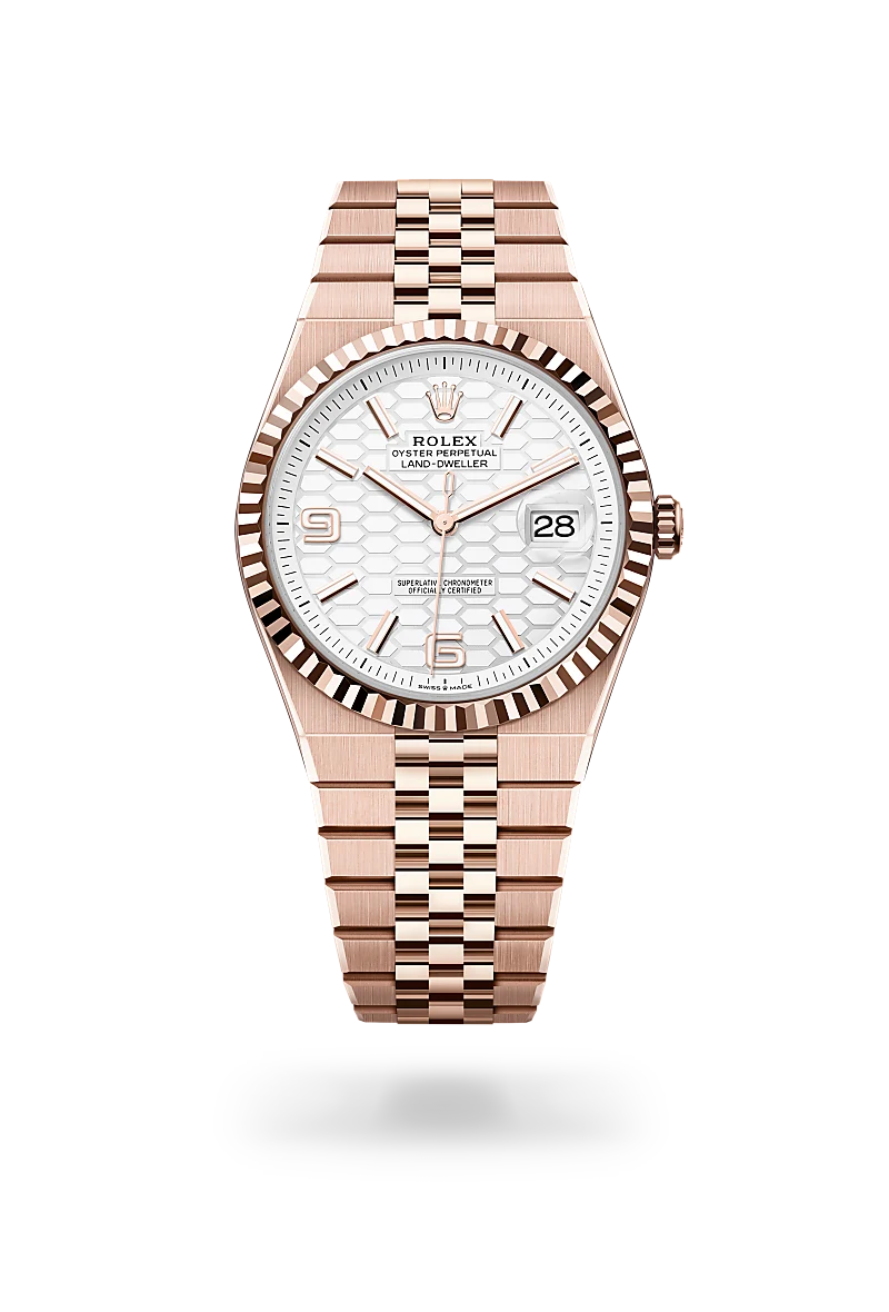 Rolex Land-Dweller 40, Kratzfestes Saphirglas, Zykloplupe zur Vergrößerung des Datums, Flat Jubilee-Band (fünfreihig), massive Elemente
