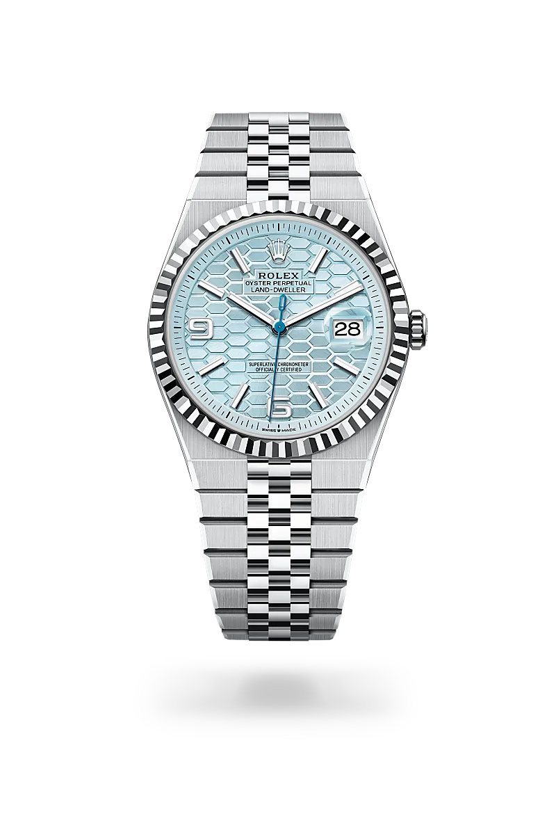 Rolex Land-Dweller 40, Kratzfestes Saphirglas, Zykloplupe zur Vergrößerung des Datums, Flat Jubilee-Band (fünfreihig), massive Elemente