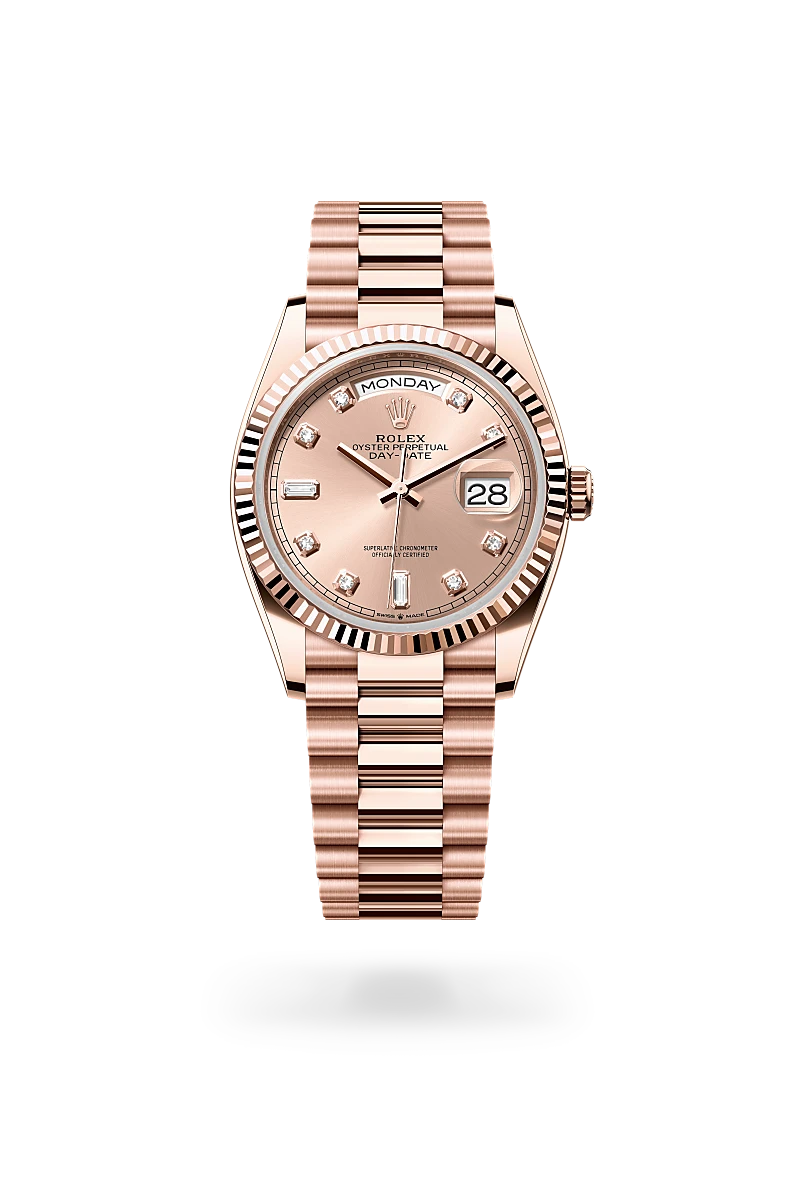 Rolex Day-Date 36, Kratzfestes Saphirglas, Zykloplupe zur Vergrößerung des Datums, President, dreireihig, halbrunde Elemente