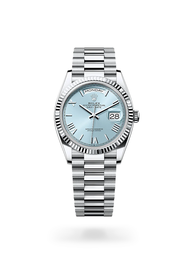Rolex Day-Date 36, Kratzfestes Saphirglas, Zykloplupe zur Vergrößerung des Datums, President, dreireihig, halbrunde Elemente