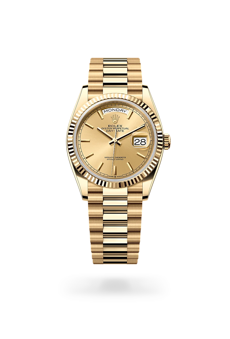 Rolex Day-Date 36, Kratzfestes Saphirglas, Zykloplupe zur Vergrößerung des Datums, President, dreireihig, halbrunde Elemente