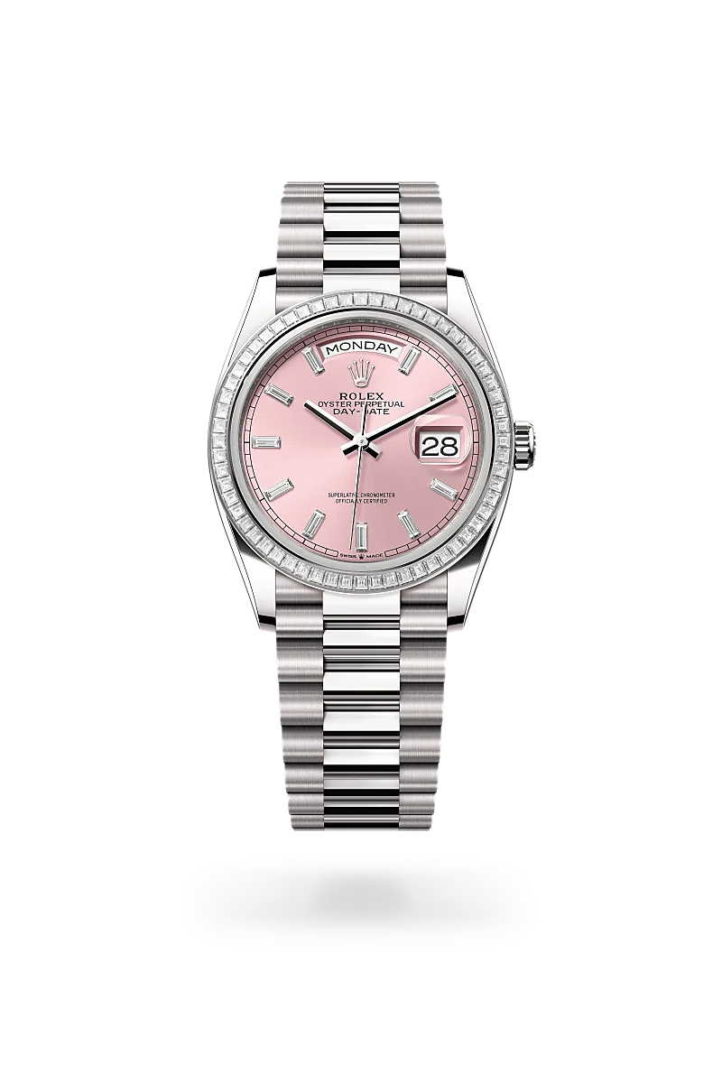 Rolex Day-Date 36, Kratzfestes Saphirglas, Zykloplupe zur Vergrößerung des Datums, President, dreireihig, halbrunde Elemente