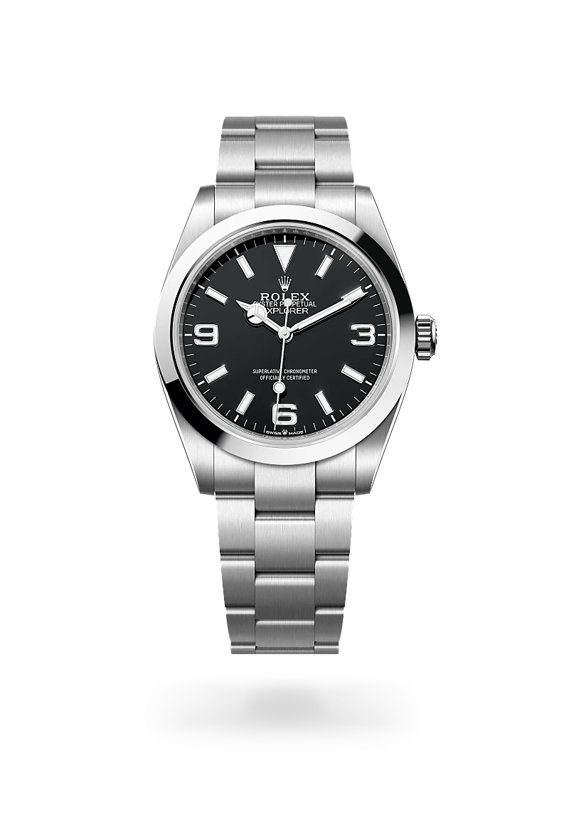 Rolex Explorer 40, Kratzfestes Saphirglas, Oyster-Band (dreireihig), massive Elemente