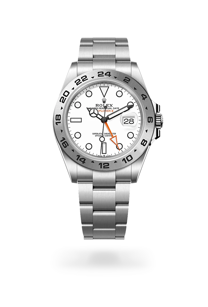Rolex Explorer II, Kratzfestes Saphirglas, Zykloplupe zur Vergrößerung des Datums, Oyster-Band (dreireihig), massive Elemente