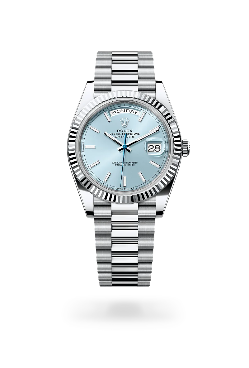 Rolex Day-Date 40, Kratzfestes Saphirglas, Zykloplupe zur Vergrößerung des Datums, President, dreireihig, halbrunde Elemente