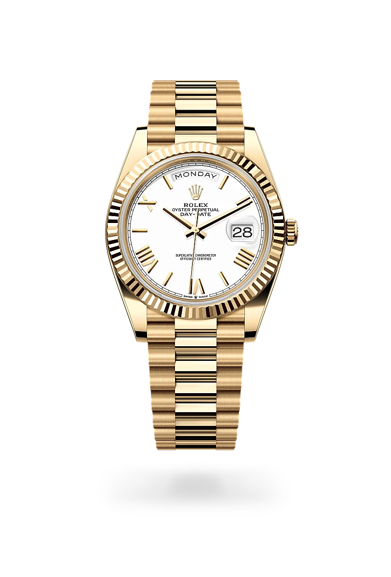Rolex Day-Date 40, Kratzfestes Saphirglas, Zykloplupe zur Vergrößerung des Datums, President, dreireihig, halbrunde Elemente