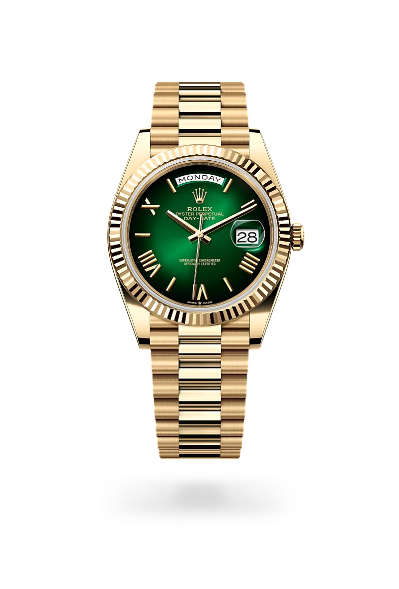 Rolex Day-Date 40, Kratzfestes Saphirglas, Zykloplupe zur Vergrößerung des Datums, President, dreireihig, halbrunde Elemente