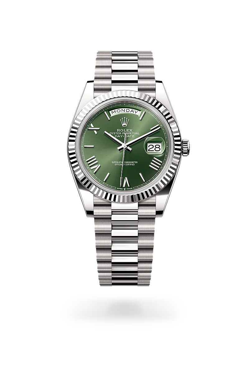 Rolex Day-Date 40, Kratzfestes Saphirglas, Zykloplupe zur Vergrößerung des Datums, President, dreireihig, halbrunde Elemente