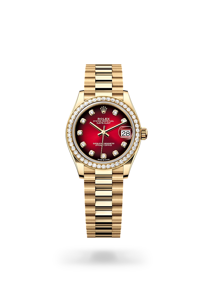 Rolex Datejust 31, Kratzfestes Saphirglas, Zykloplupe zur Vergrößerung des Datums, President, dreireihig, halbrunde Elemente