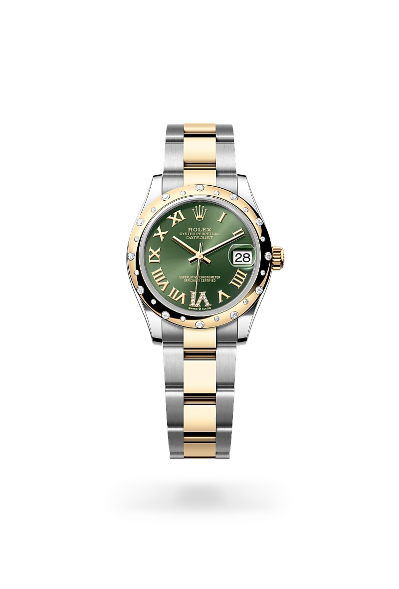 Rolex Datejust 31, Kratzfestes Saphirglas, Zykloplupe zur Vergrößerung des Datums, Oyster-Band (dreireihig), massive Elemente