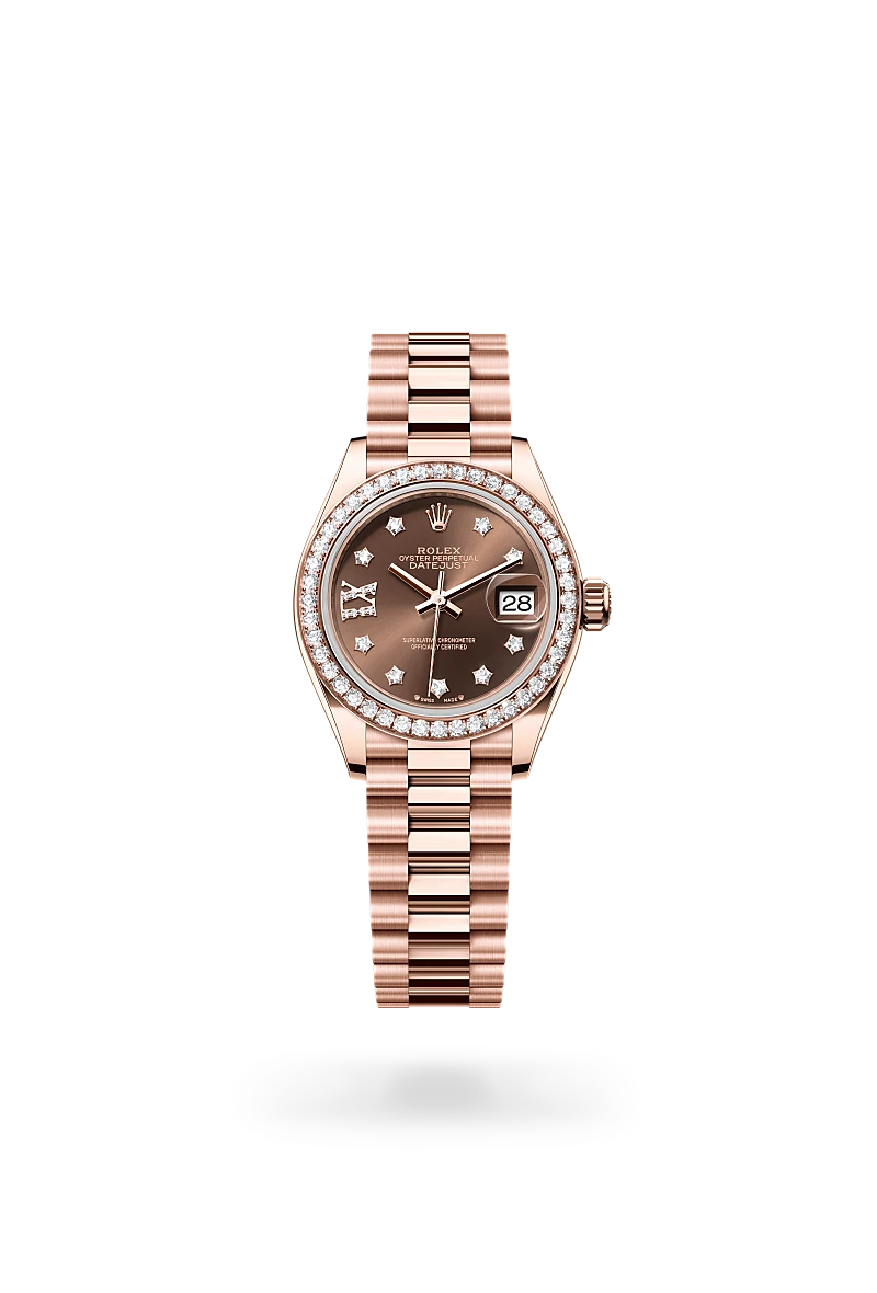 Rolex Lady-Datejust, Kratzfestes Saphirglas, Zykloplupe zur Vergrößerung des Datums, President, dreireihig, halbrunde Elemente