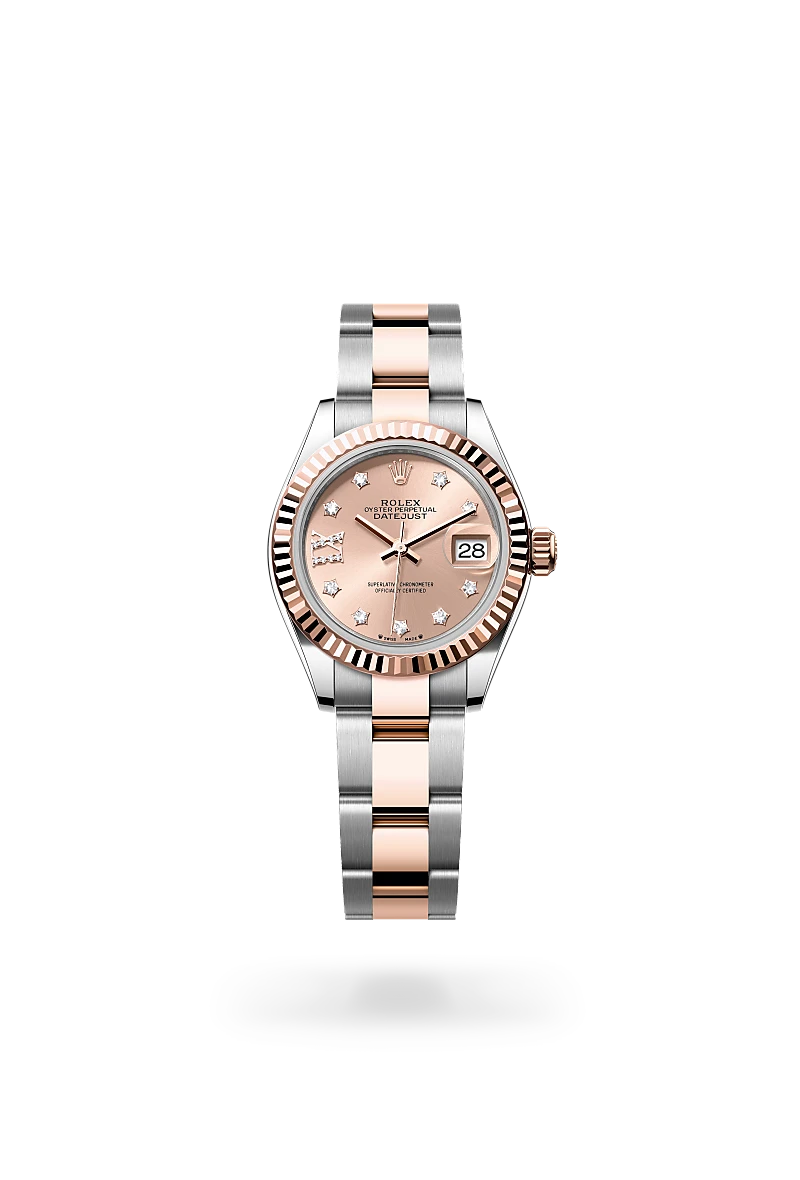 Rolex Lady-Datejust, Kratzfestes Saphirglas, Zykloplupe zur Vergrößerung des Datums, Oyster-Band (dreireihig), massive Elemente